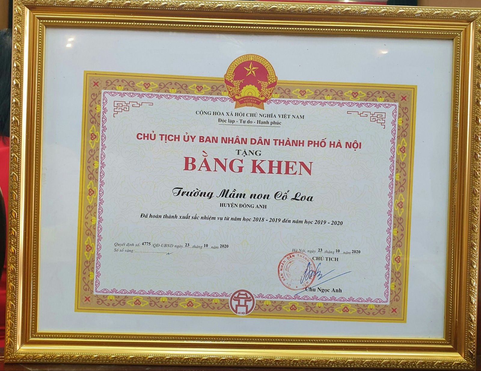 CHÚC MỪNG TRƯỜNG MẦM NON CỔ LOA ĐÃ ĐƯỢC CHỦ TỊCH UBND TP HÀ NỘI TẶNG BẰNG KHEN  “ ĐÃ HOÀN THÀNH XUẤT SẮC NHIỆM VỤ TỪ NĂM HỌC 2018-2019 ĐẾN NĂM HỌC 2019-2020 ” !