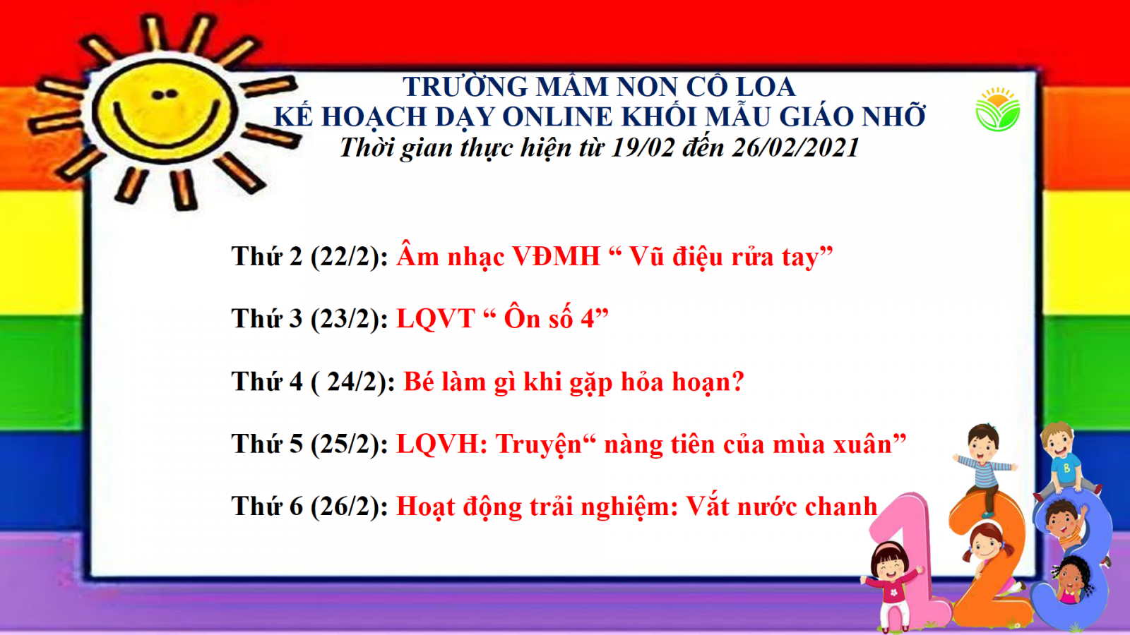 CHƯƠNG TRÌNH HỌC CÁC ĐỘ TUỔI TRƯỜNG MẦM NON CỔ LOA ( Thời gian thực hiện : Từ 22/2 đến 26/2/2021 )