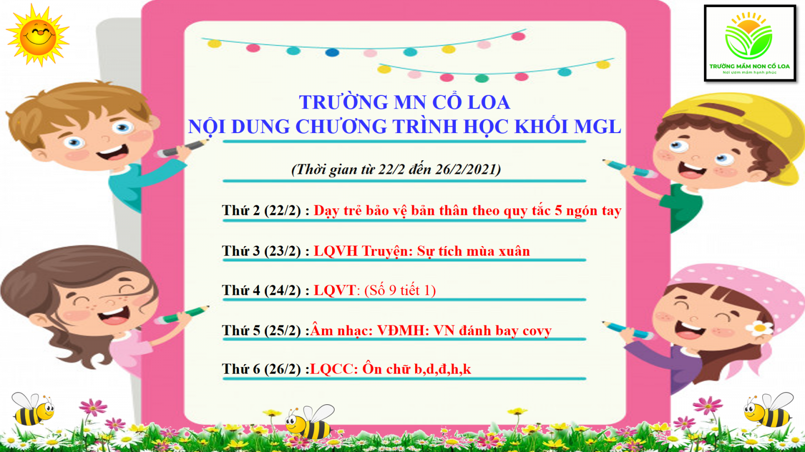 CHƯƠNG TRÌNH HỌC CÁC ĐỘ TUỔI TRƯỜNG MẦM NON CỔ LOA ( Thời gian thực hiện : Từ 22/2 đến 26/2/2021 )