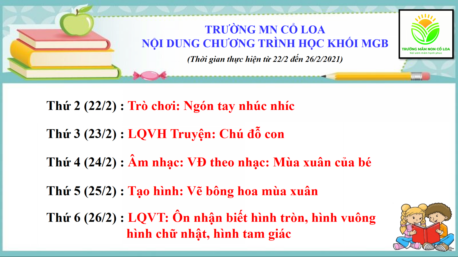 CHƯƠNG TRÌNH HỌC CÁC ĐỘ TUỔI TRƯỜNG MẦM NON CỔ LOA ( Thời gian thực hiện : Từ 22/2 đến 26/2/2021 )