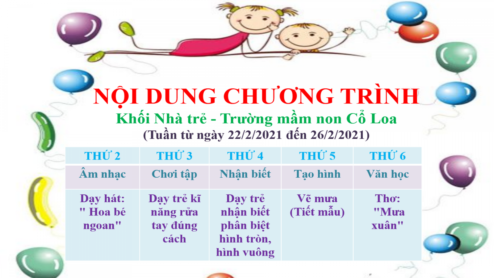 CHƯƠNG TRÌNH HỌC CÁC ĐỘ TUỔI TRƯỜNG MẦM NON CỔ LOA ( Thời gian thực hiện : Từ 22/2 đến 26/2/2021 )