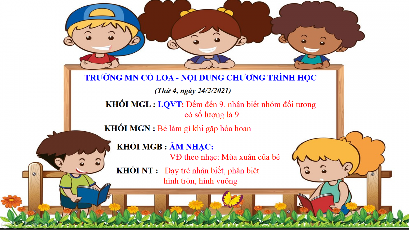 NỘI DUNG CHƯƠNG TRÌNH HỌC CÁC ĐỘ TUỔI TRƯỜNG MẦM NON CỔ LOA - THỨ 4 NGÀY 24/2/2021