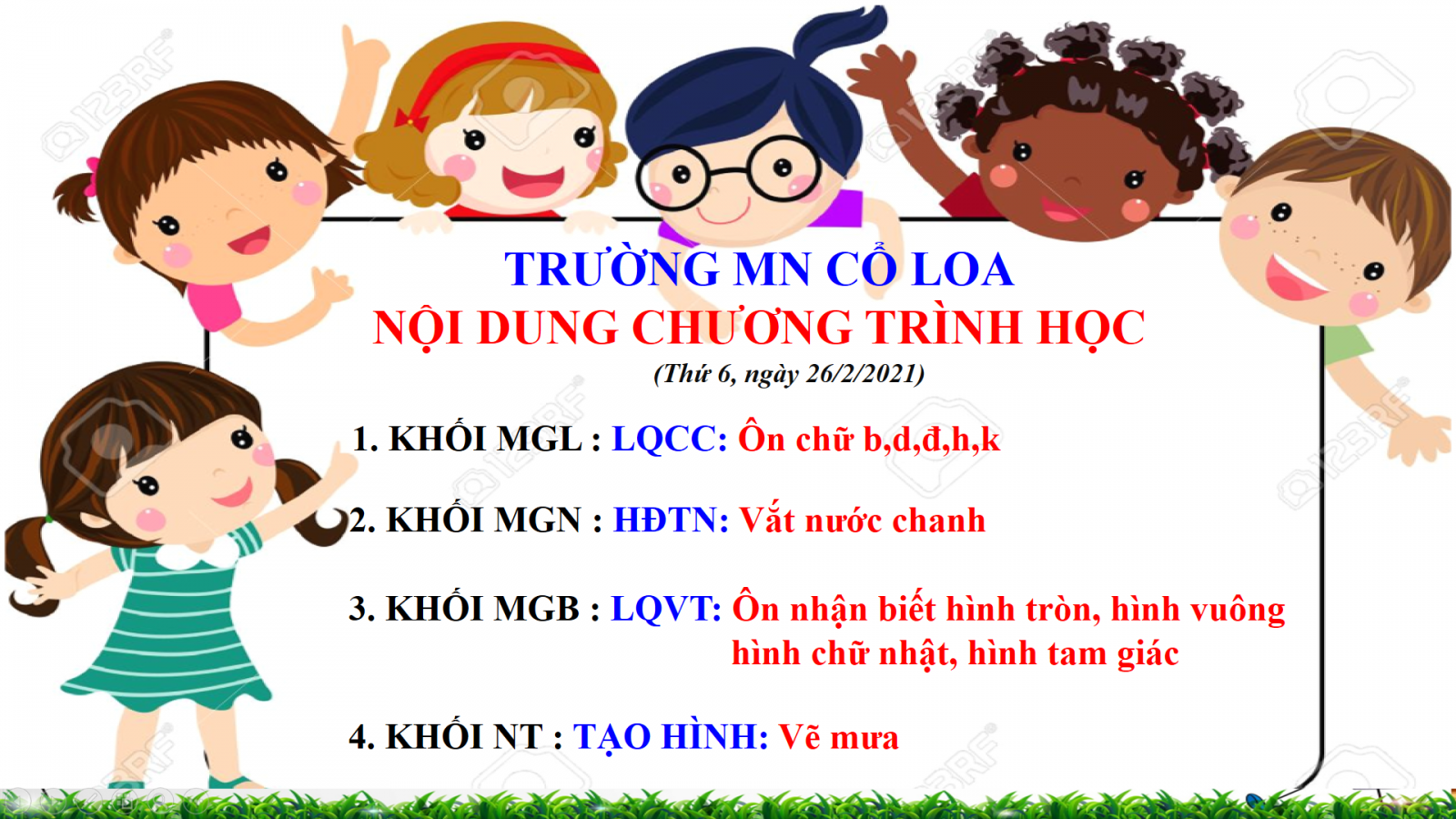 NỘI DUNG CHƯƠNG TRÌNH HỌC CÁC ĐỘ TUỔI TRƯỜNG MẦM NON CỔ LOA - THỨ 6 NGÀY 26/2/2021