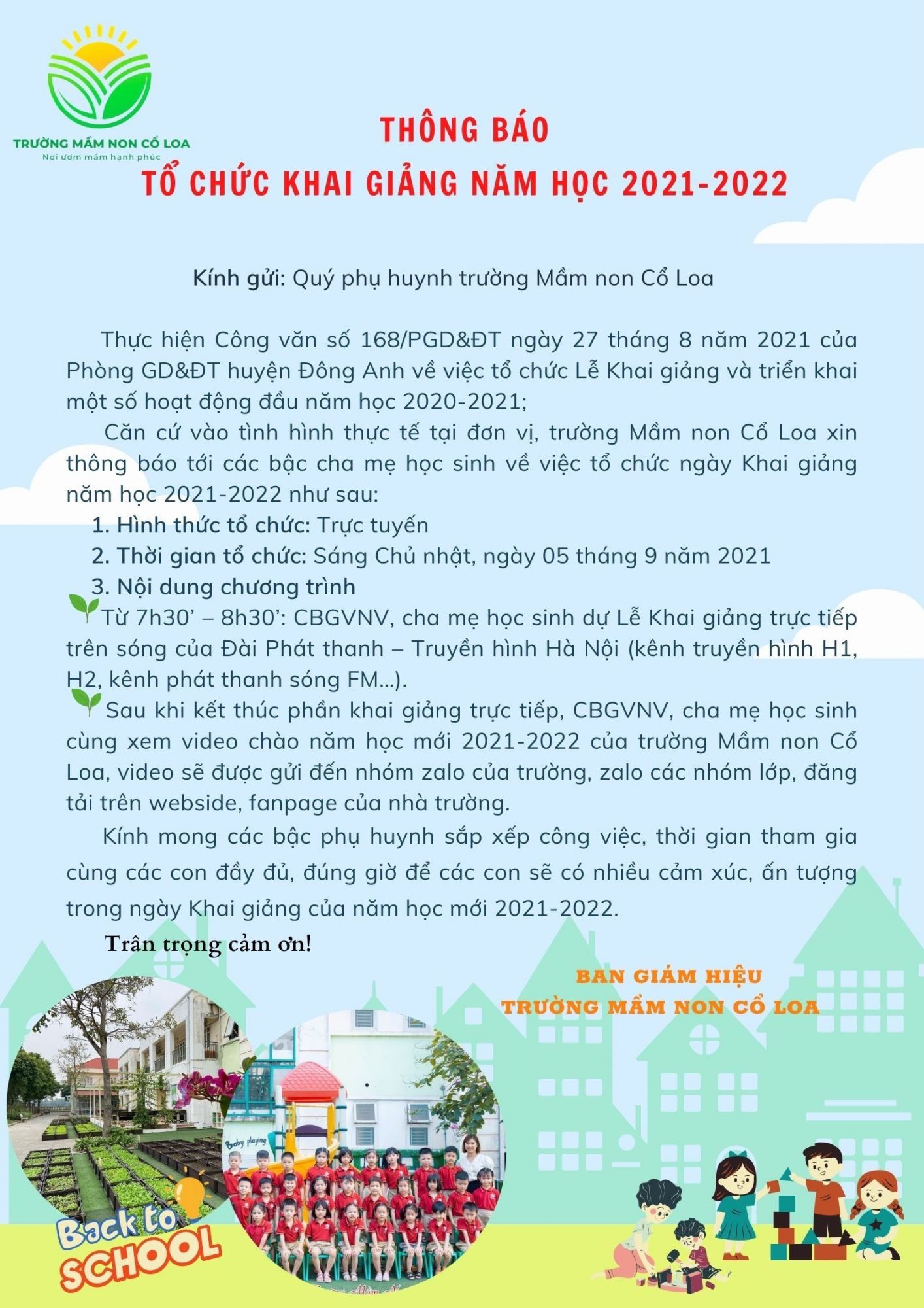 THÔNG BÁO: CHƯƠNG TRÌNH KHAI GIẢNG NĂM HỌC MỚI 2021-2022
