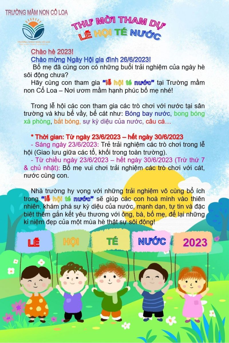 LỄ HỘI TÉ NƯỚC TẠI TRƯỜNG MẦM NON CỔ LOA