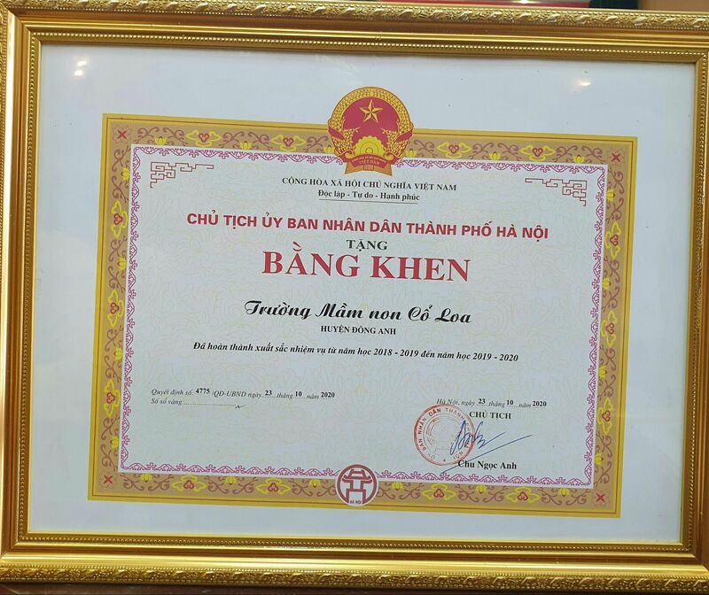 CHÚC MỪNG TRƯỜNG MẦM NON CỔ LOA ĐÃ ĐƯỢC CHỦ TỊCH UBND TP HÀ NỘI TẶNG BẰNG KHEN  “ ĐÃ HOÀN THÀNH XUẤT SẮC NHIỆM VỤ TỪ NĂM HỌC 2018-2019 ĐẾN NĂM HỌC 2019-2020 ” !