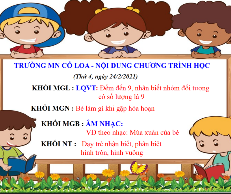 NỘI DUNG CHƯƠNG TRÌNH HỌC CÁC ĐỘ TUỔI TRƯỜNG MẦM NON CỔ LOA - THỨ 4 NGÀY 24/2/2021