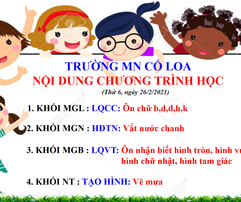 NỘI DUNG CHƯƠNG TRÌNH HỌC CÁC ĐỘ TUỔI TRƯỜNG MẦM NON CỔ LOA - THỨ 6 NGÀY 26/2/2021