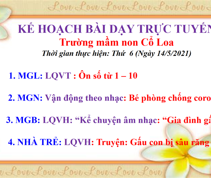 KẾ HOẠCH BÀI DẠY TRỰC TUYẾN  TRƯỜNG MN  CỔ LOA NGÀY THỨ 6 (NGÀY 14/5/2021)