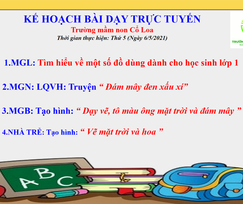 KẾ HOẠCH BÀI DẠY TRỰC TUYẾN TRƯỜNG MN CỔ LOA NGÀY THỨ 5 (NGÀY 6/5/2021)