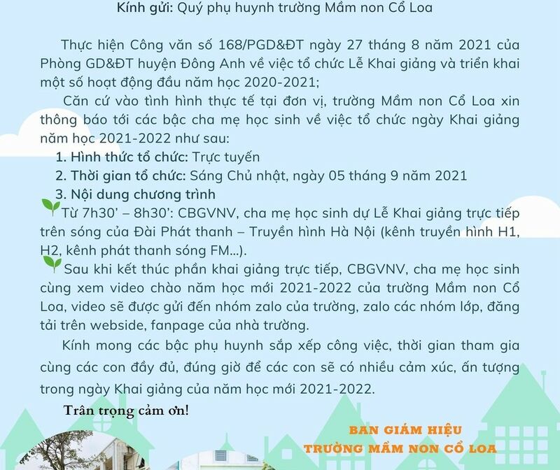 THÔNG BÁO: CHƯƠNG TRÌNH KHAI GIẢNG NĂM HỌC MỚI 2021-2022