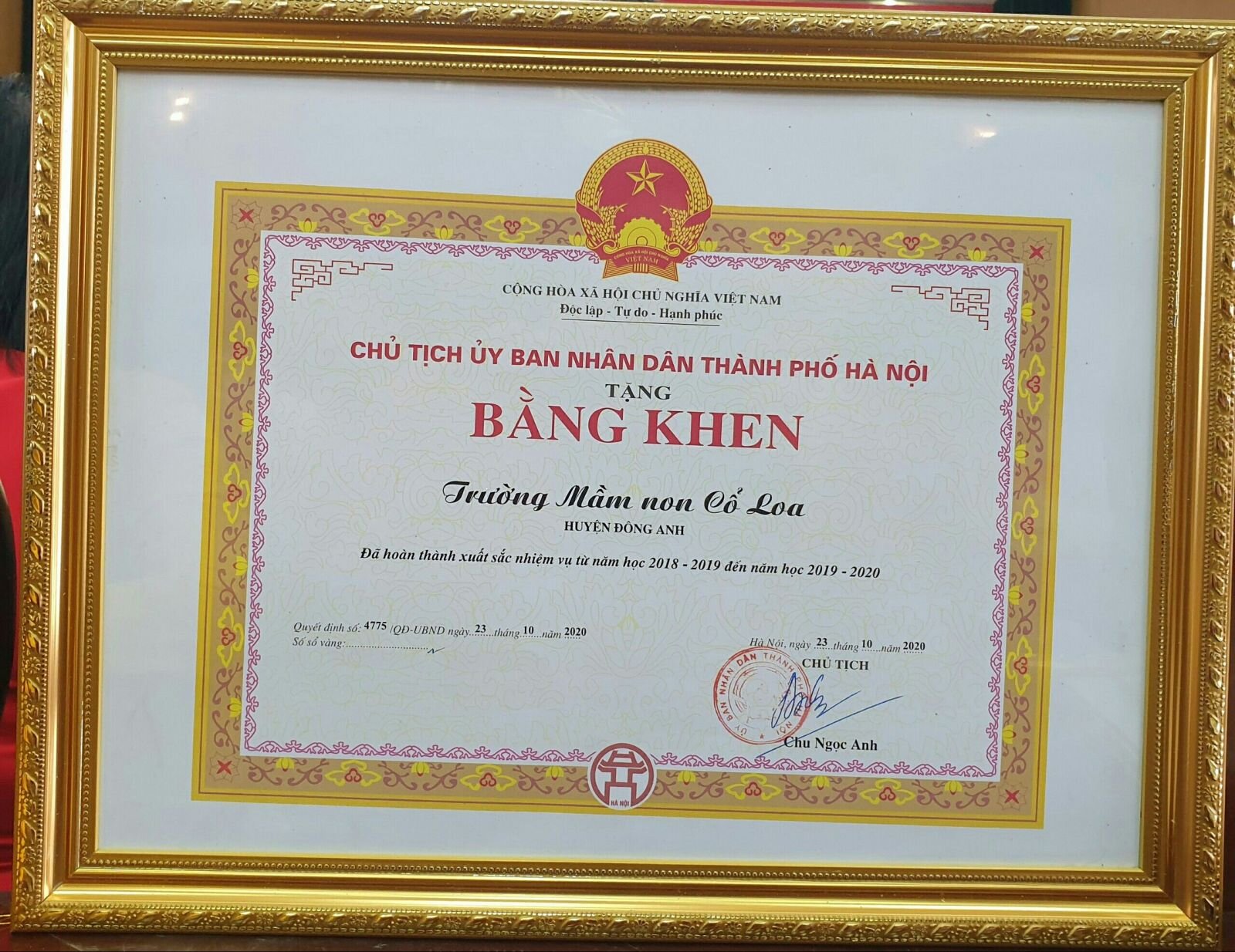 CHÚC MỪNG TRƯỜNG MẦM NON CỔ LOA ĐÃ ĐƯỢC CHỦ TỊCH UBND TP HÀ NỘI TẶNG BẰNG KHEN  “ ĐÃ HOÀN THÀNH XUẤT SẮC NHIỆM VỤ TỪ NĂM HỌC 2018-2019 ĐẾN NĂM HỌC 2019-2020 ” !